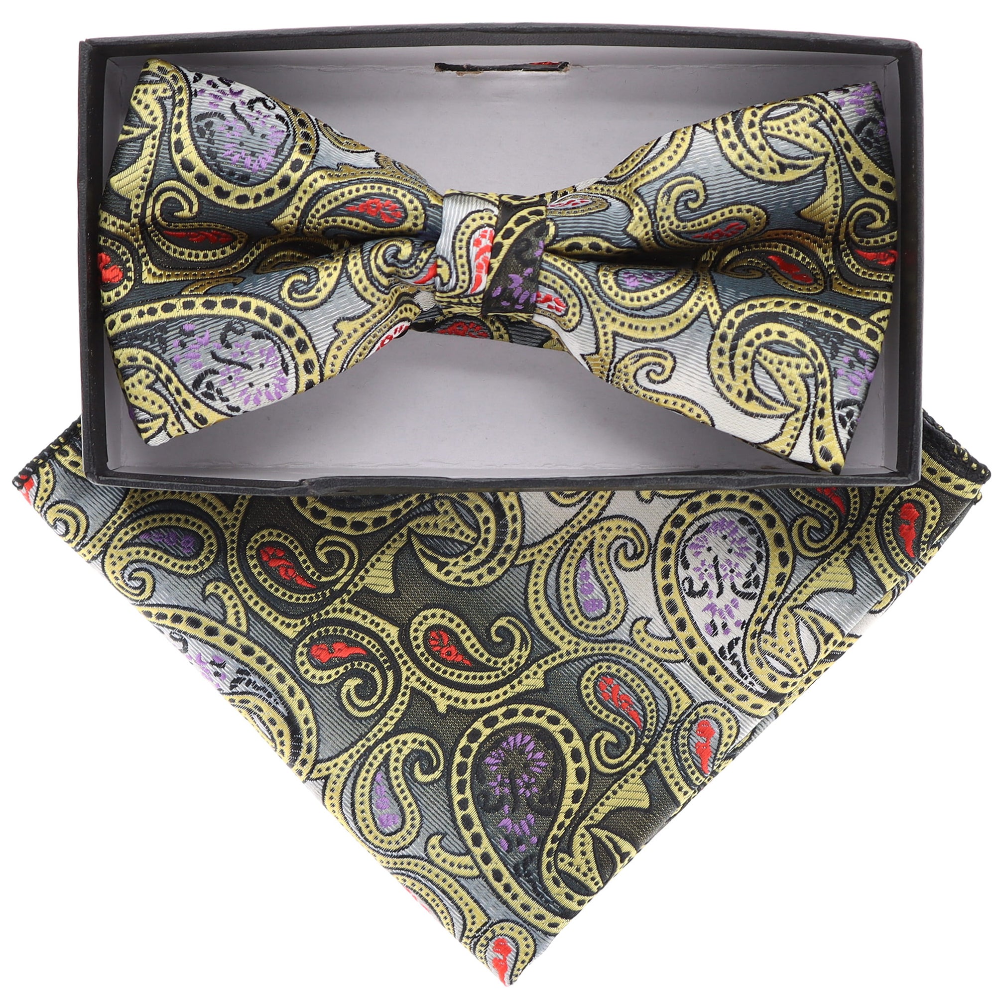 Vittorio Farina Men's Paisley Design Satin Bow Tie & Pocket Square in Gift Box