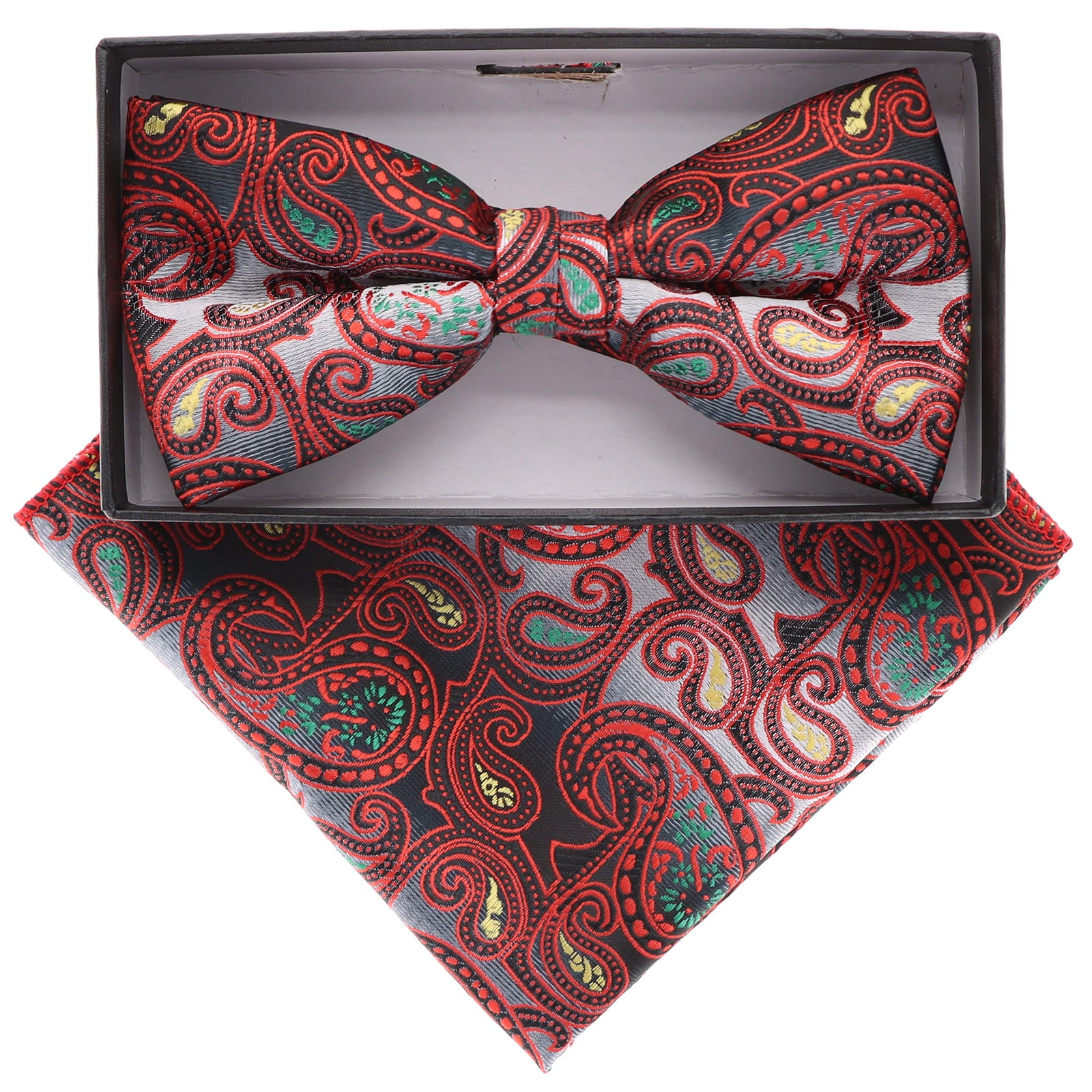 Vittorio Farina Men's Paisley Design Satin Bow Tie & Pocket Square in Gift Box