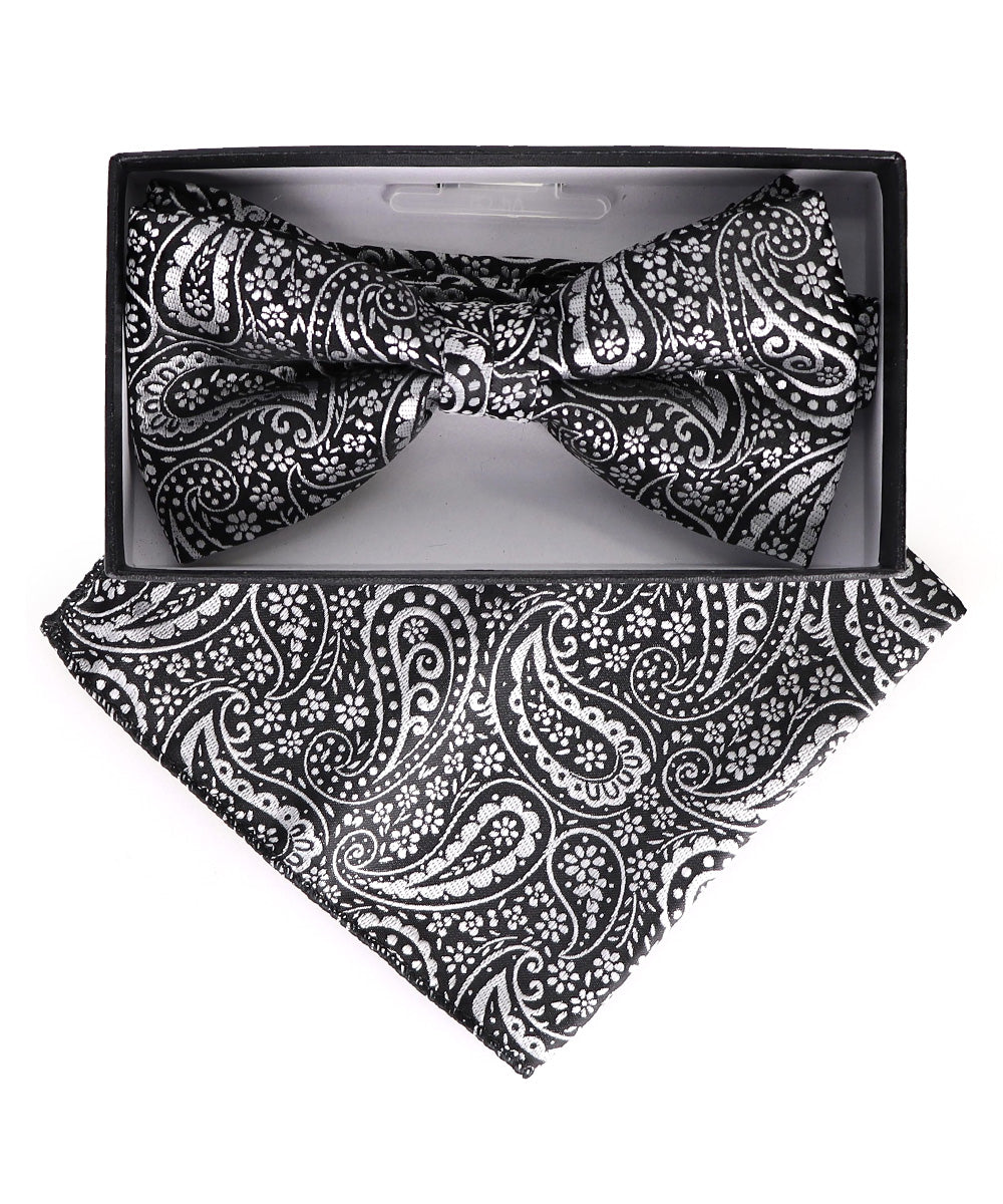 Vittorio Farina Men's Paisley Design Satin Bow Tie & Pocket Square in Gift Box