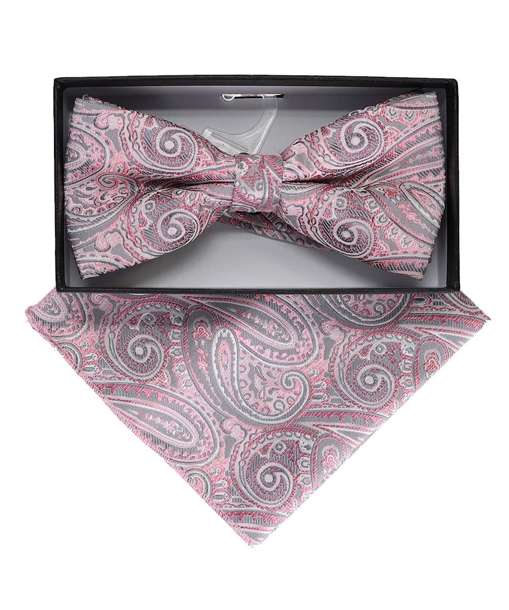 Vittorio Farina Men's Paisley Design Satin Bow Tie & Pocket Square in Gift Box