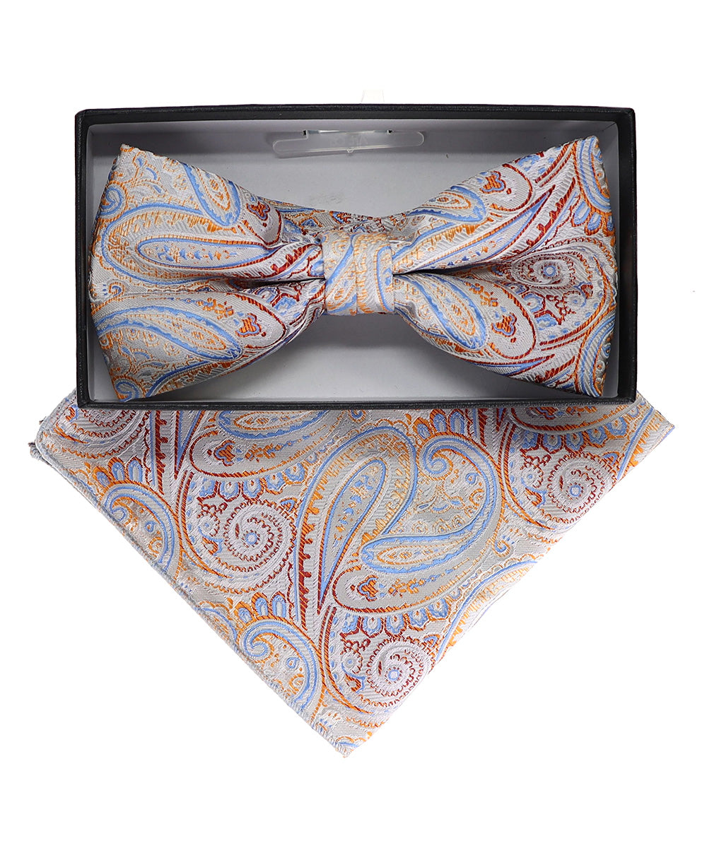 Vittorio Farina Men's Paisley Design Satin Bow Tie & Pocket Square in Gift Box