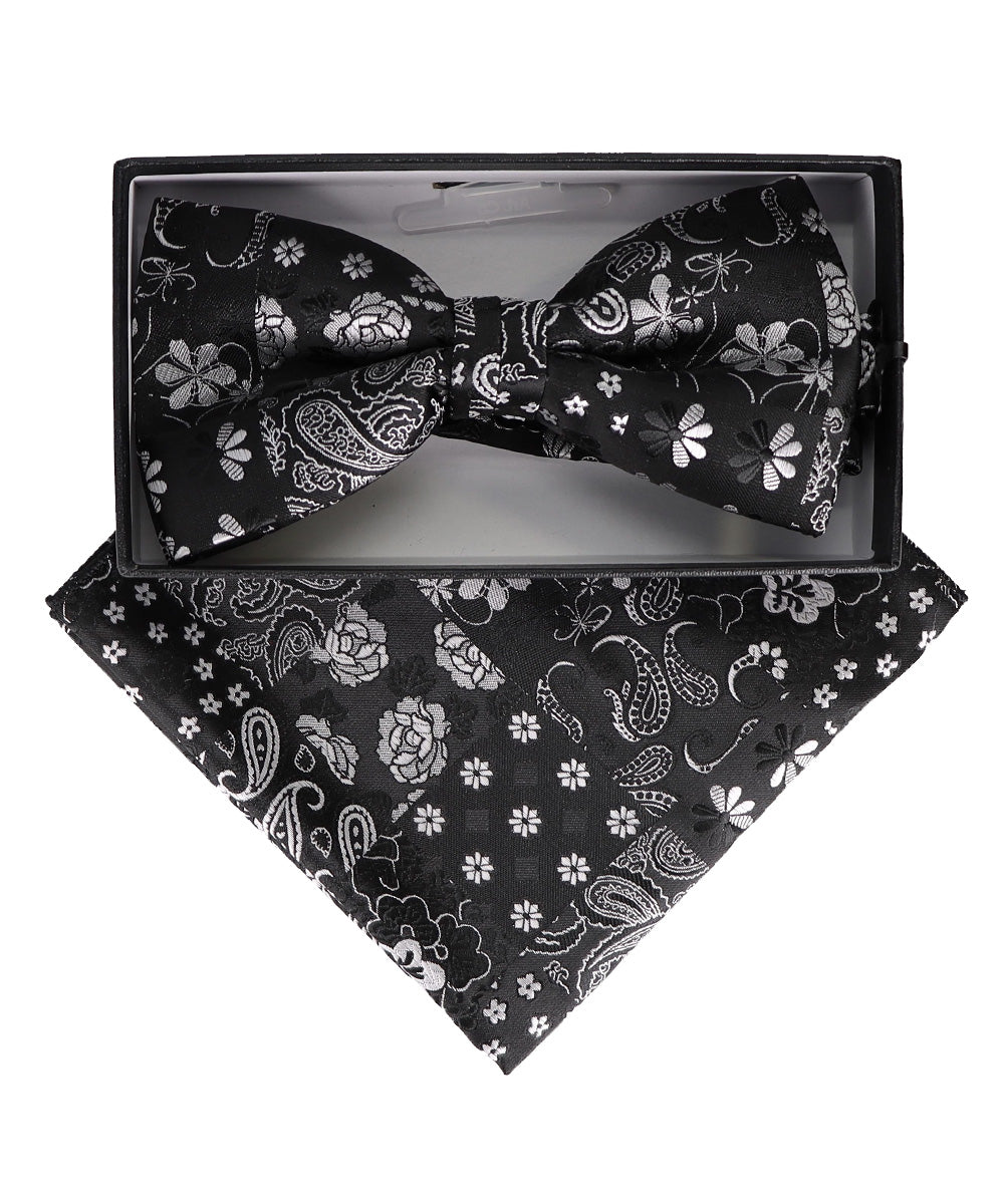 Vittorio Farina Men's Paisley Design Satin Bow Tie & Pocket Square in Gift Box