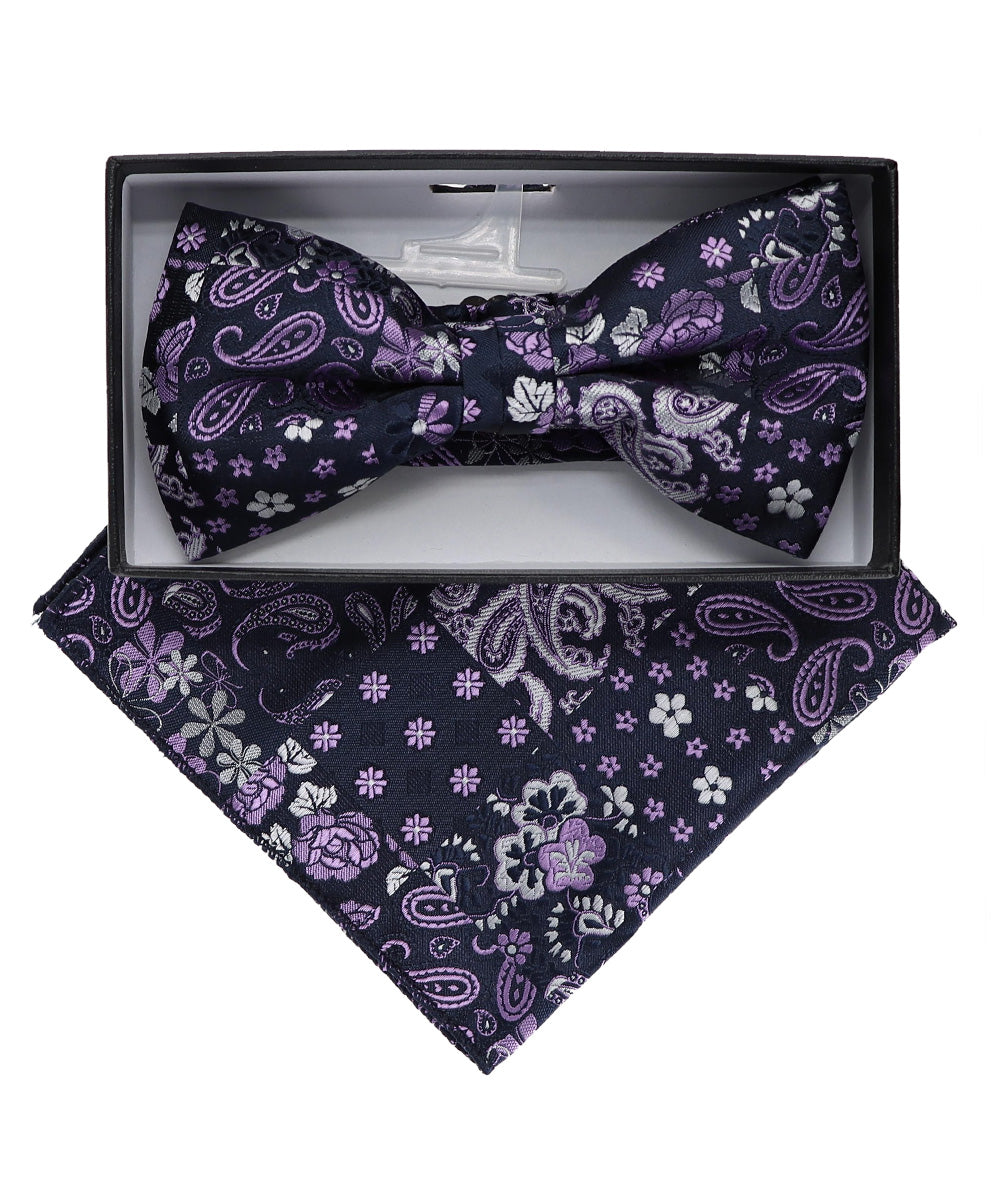 Vittorio Farina Men's Paisley Design Satin Bow Tie & Pocket Square in Gift Box