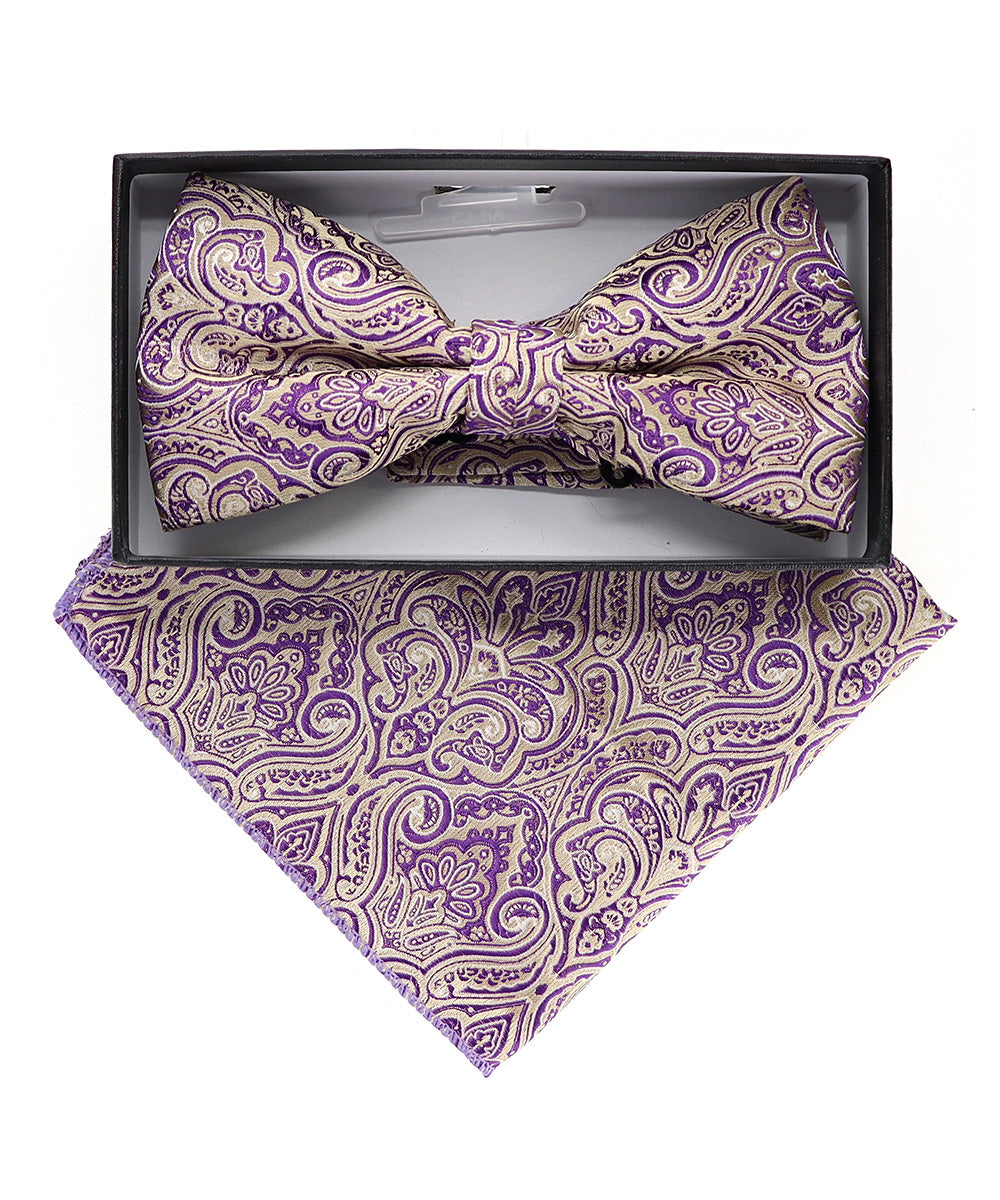 Vittorio Farina Men's Paisley Design Satin Bow Tie & Pocket Square in Gift Box