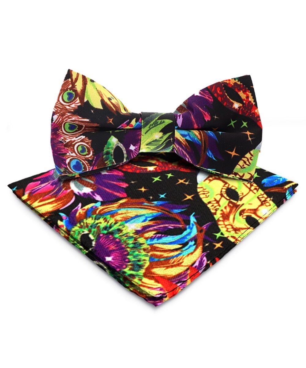 Vittorio Farina Mardi Gras Printed Bow Tie and Pocket Square - BH - MG_Mardi #0 - Classy Cufflinks