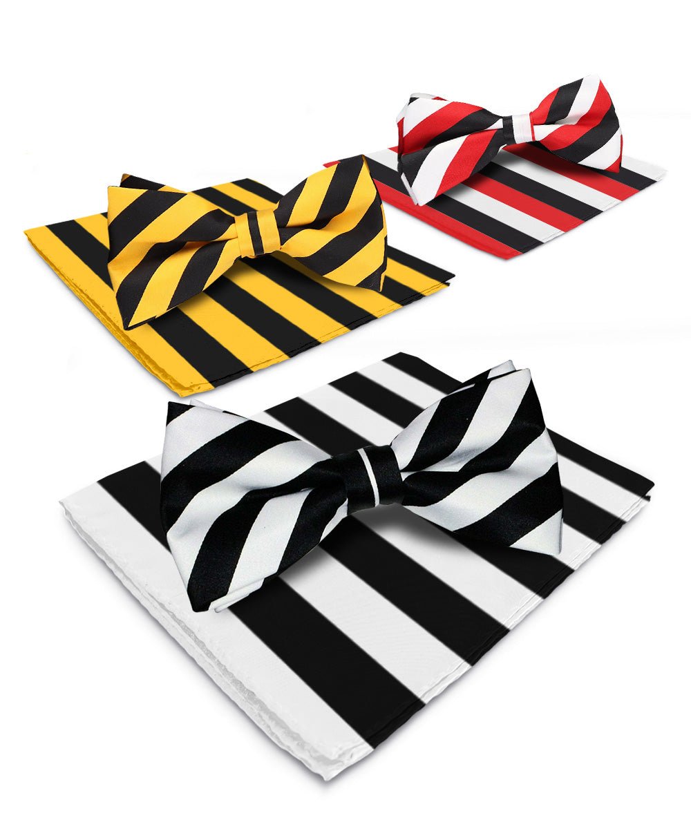 Vittorio Farina Striped Bow Tie &amp; Pocket Square Multipacks - BH - ST - 3_BLACK - Classy Cufflinks