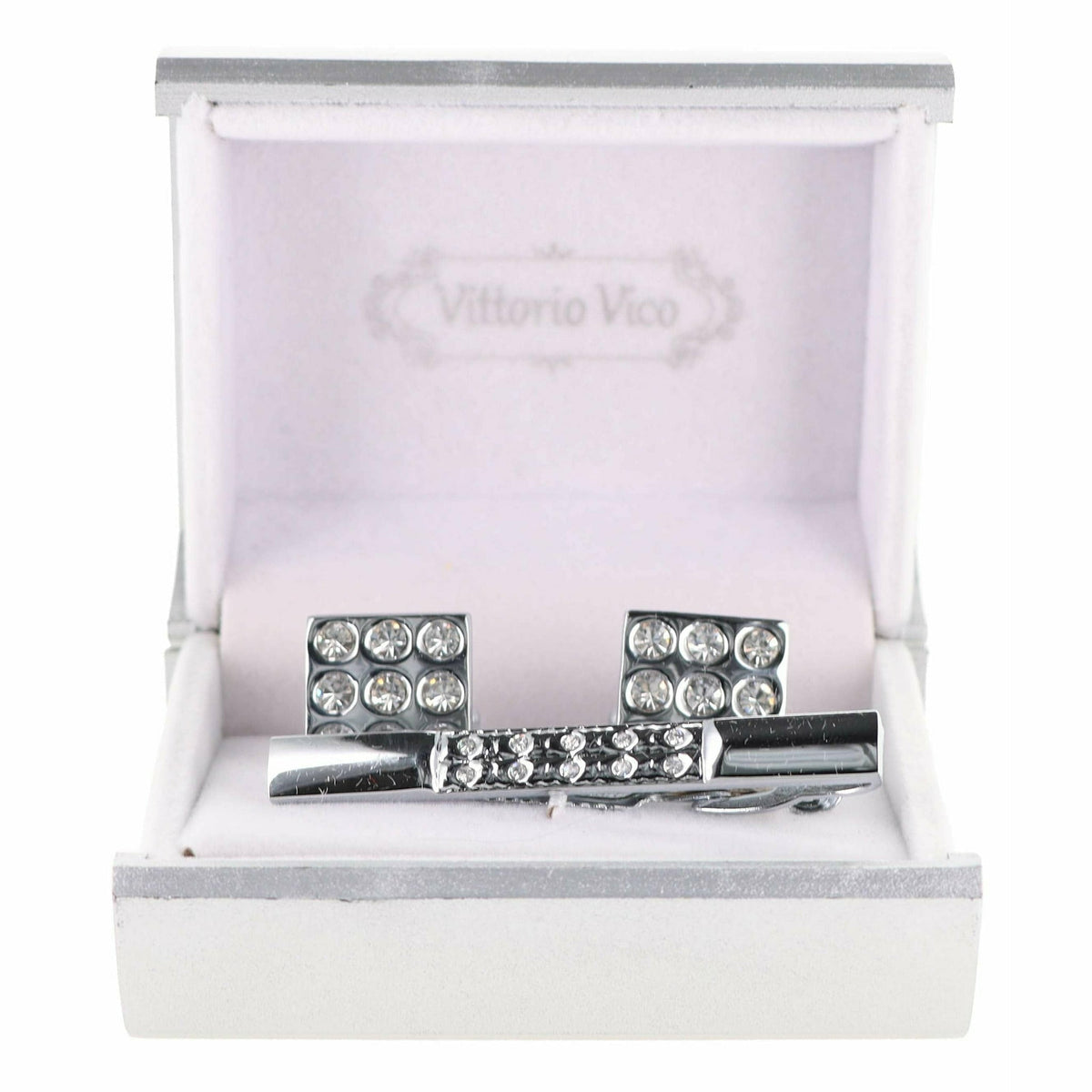 Vittorio Vico Silver Rhinestone Cufflinks &amp; Tie Bar Set - CR-024 - Classy Cufflinks