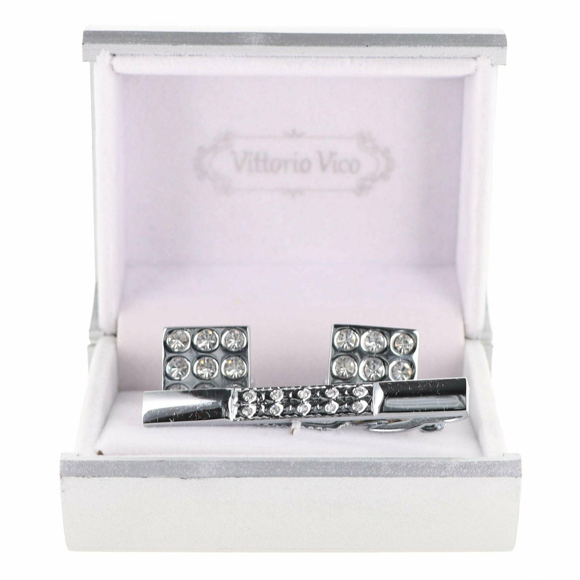 Vittorio Vico Silver Rhinestone Cufflinks & Tie Bar Set - CR-024 - Classy Cufflinks