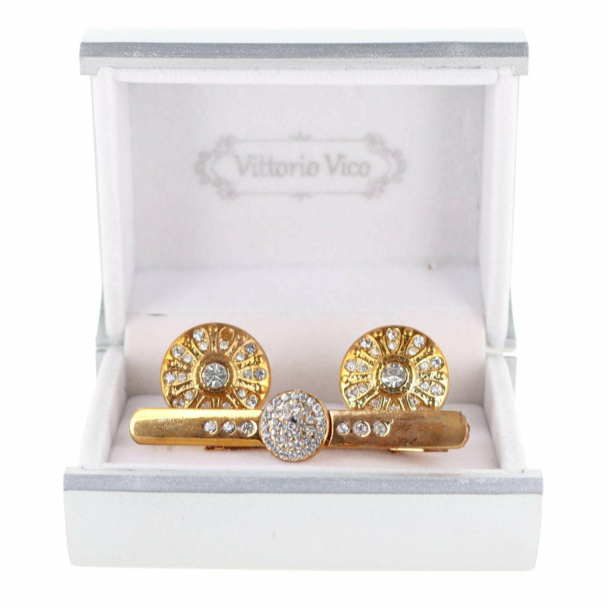 Vittorio Vico Gold Rhinestone Cufflinks &amp; Tie Bar Set - CR-029 - Classy Cufflinks