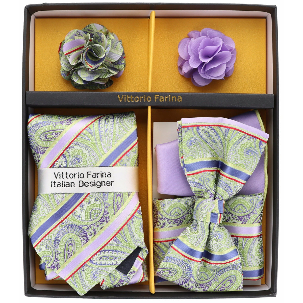 Vittorio Farina Men&#39;s Design Necktie, Bow Tie, Pocket Squares and Flower Lapel Pin in a Gfit Box