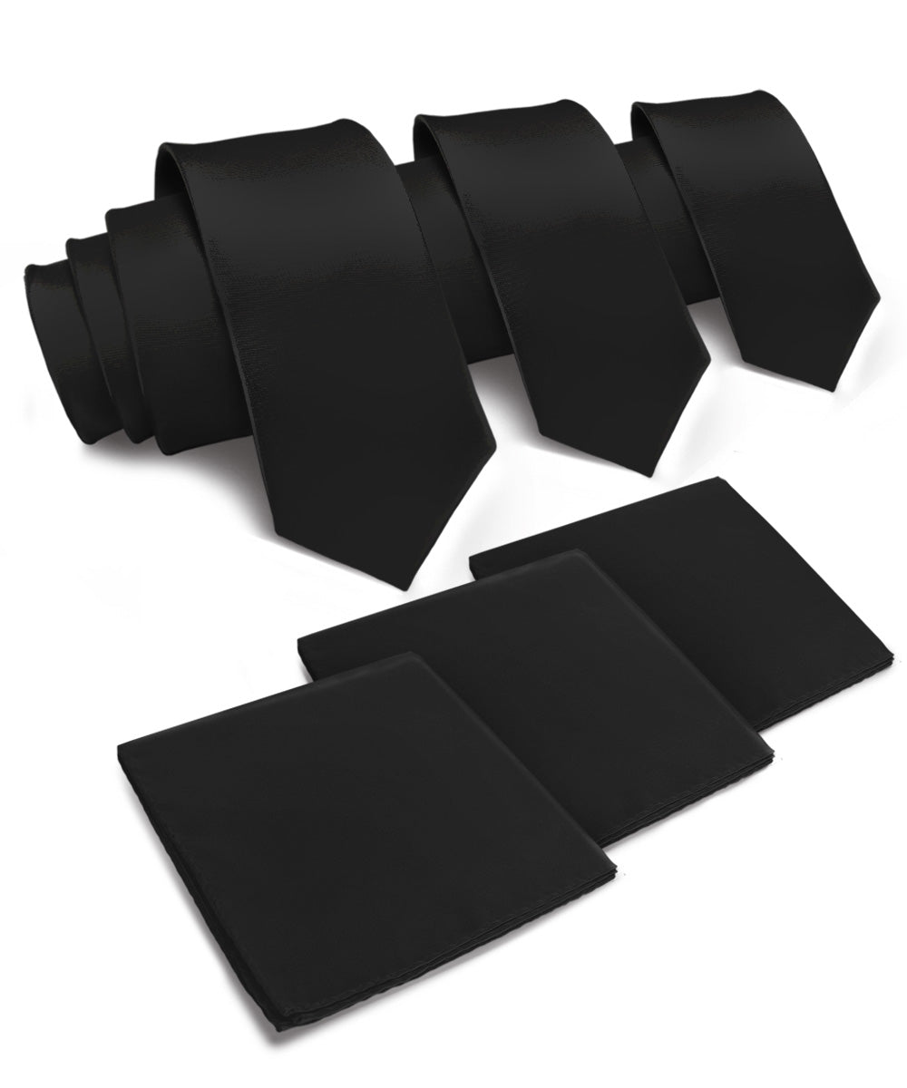 Vittorio Farina Solid Satin Necktie &amp; Pocket Square Multipacks - NH - SOLID - 3_BLACK - Classy Cufflinks