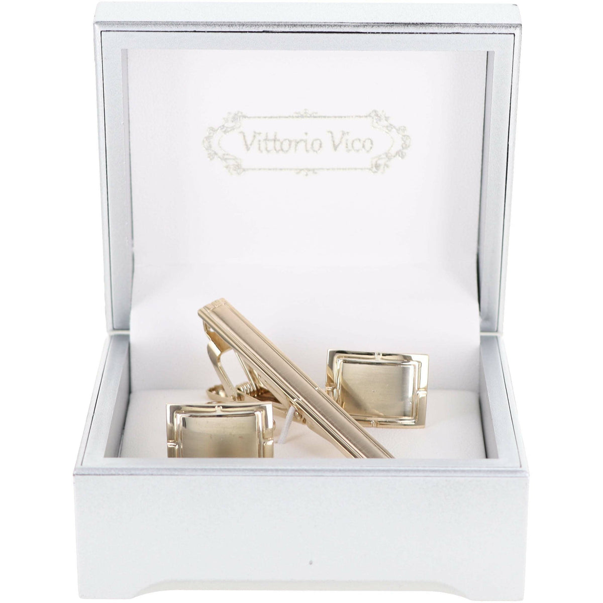 Vittorio Vico Plain Gold Cufflink &amp; Tie Bar Set in Gift Box