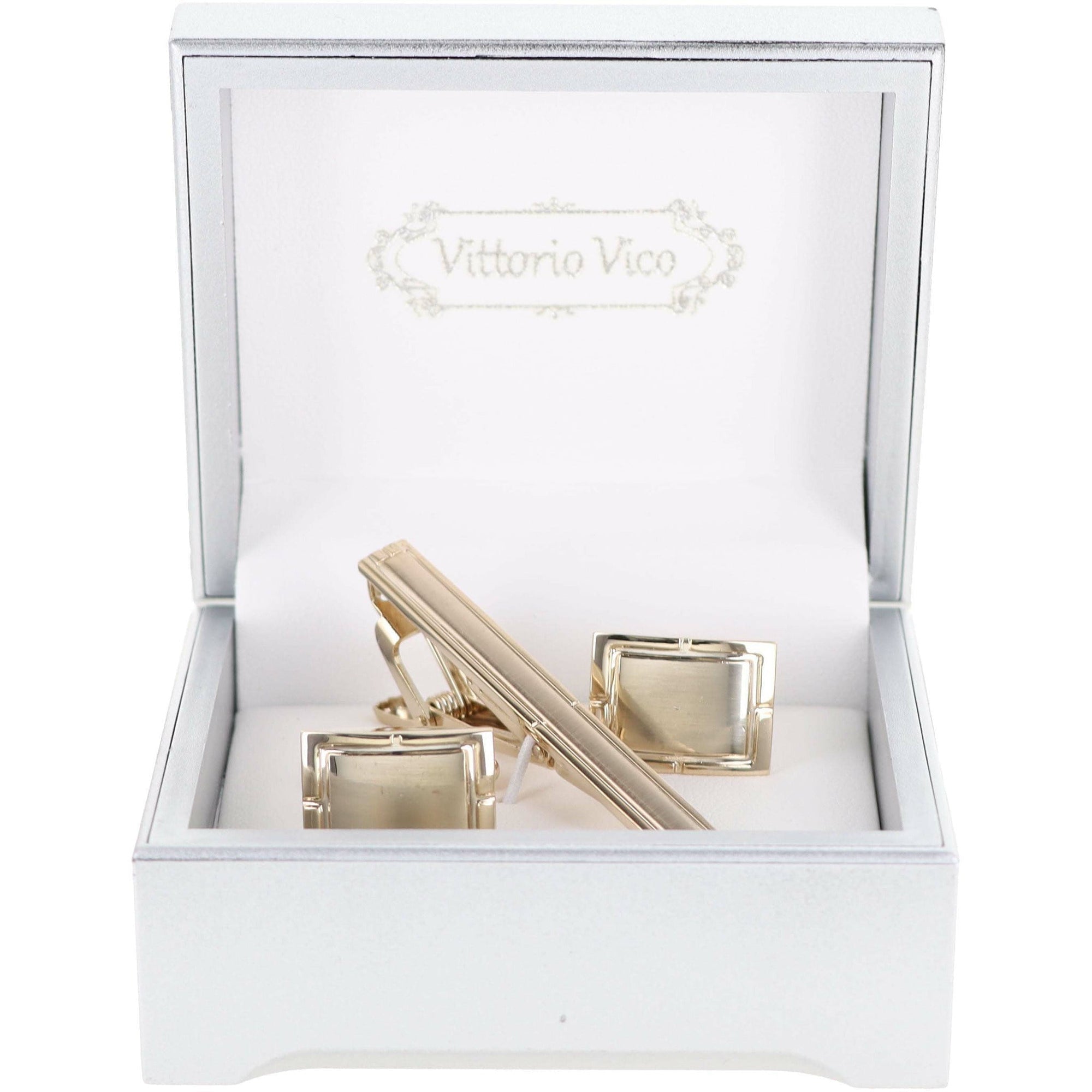 Vittorio Vico Plain Gold Cufflink & Tie Bar Set in Gift Box