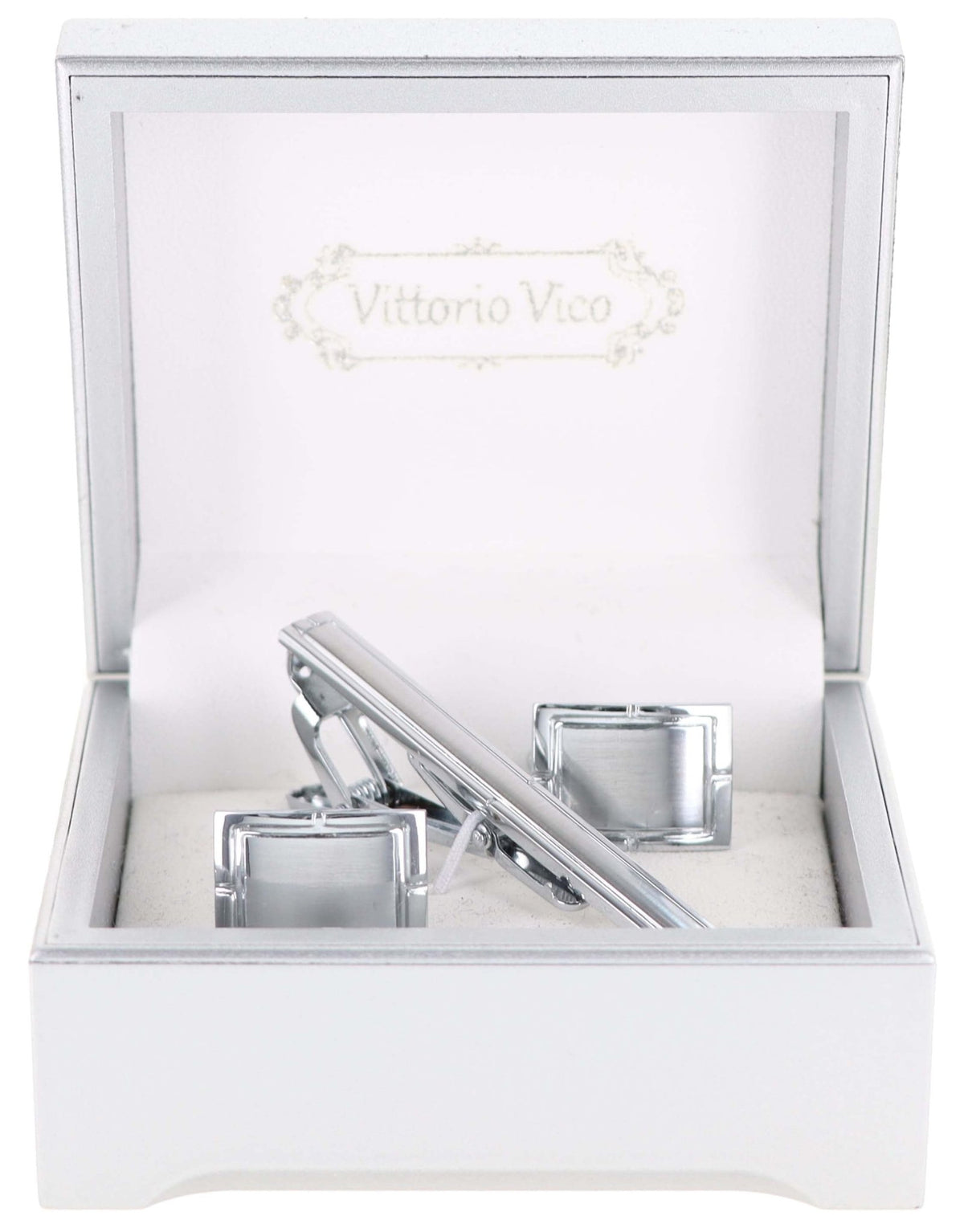 Vittorio Vico Plain Silver Cufflink &amp; Tie Bar Set in Gift Box