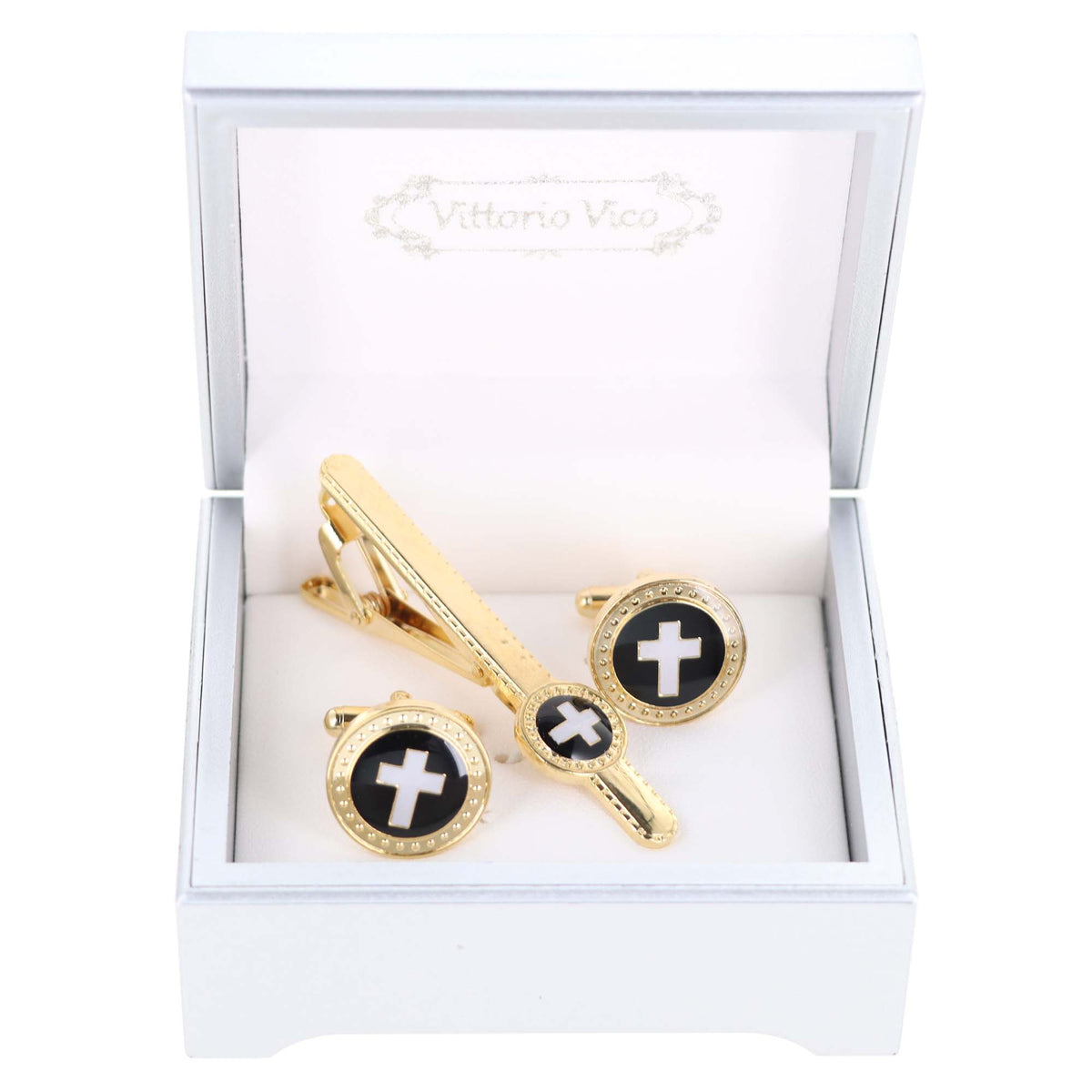 Vittorio Vico Religious Cufflink &amp; Tie Bar Set in Gift Box