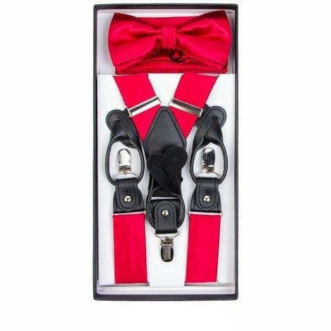 Vittorio Farina Men&#39;s Clip End Suspender, Bow Tie and Pocket Square Set with Silver Hardware in Gift Box: 70% Polyester &amp; 30% Elastomer