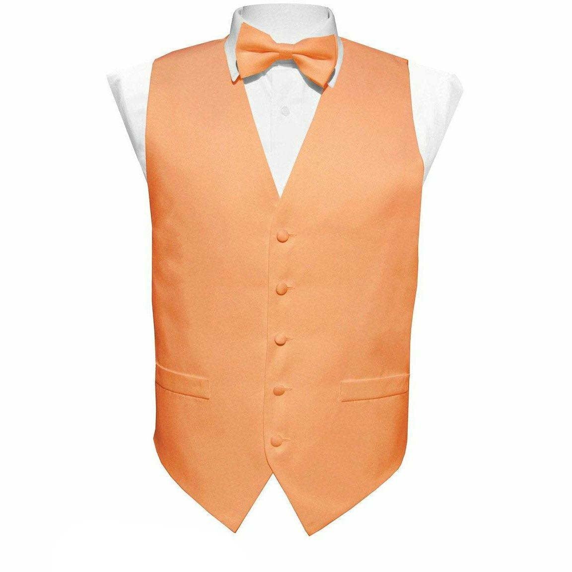 Vittorio Farina Men&#39;s Peach Satin Vest, Necktie, Bow Tie and Pocket Square Set (Peach Back)